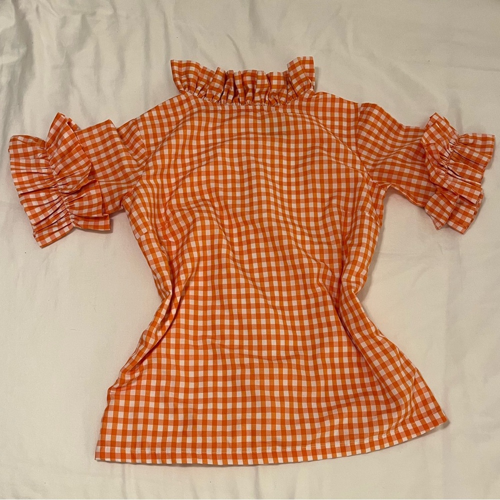 Elizabeth Wilson Nancy Jane Orange Gingham Ruffle Sleeve Top